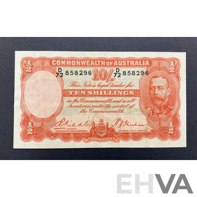 Australian 1936 Ten Shilling Note, Riddle/Sheehan R11, D72 858296, High Grade
