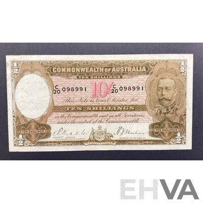 Australian 1933 Ten Shilling Note Riddle/Sheehan, R09L Last Prefix C20 098991