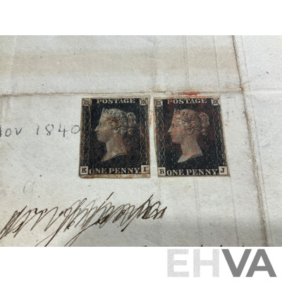 Rare Pair of United Kingdom 1840 QV Imperf Penny Black Stamps, Red Maltese Cross