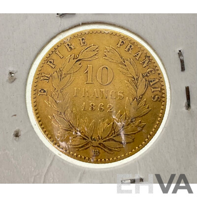 France 1862 Gold Ten Francs Coin, Napoleon III, Strasbourg Mint .900