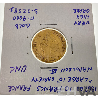 France 1862 Gold Ten Francs Coin, Napoleon III, Strasbourg Mint .900