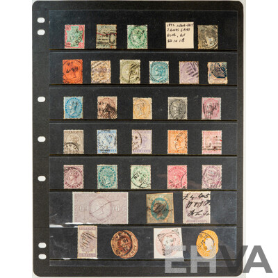 Collection of Antique India/Great Britain QV Stamps Including Surcharge, Overprints, Revenue, Stamp Duty, Foreign Bill, Company Registration, Contract and Receipt