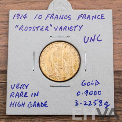 France 1914 UNC Gold Ten Francs Coin, Paris Mint Rooster Variety