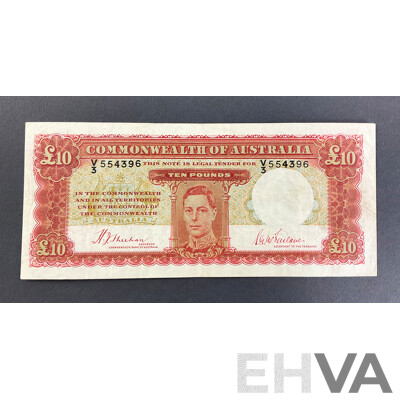 Australian 1940 Ten Pound Note, Sheehan/McFarlane, R58F First Prefix V3 554396, High Grade