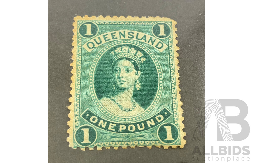Australian 1886 Queenslnd One Pound QV Stamp, Large Crown and Q Water Mark
