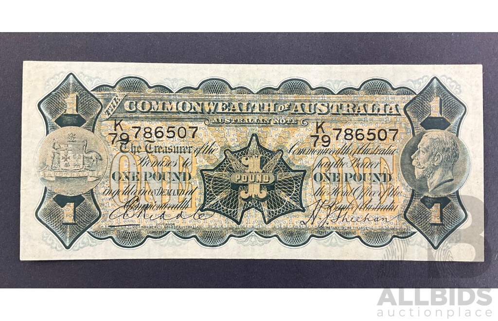 Australian 1932 One Pound Note, Riddle/Sheehan R27b, K79 786507, High Grade