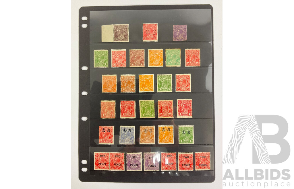 Australian KGV Mint/Cancelled Stamps Including Two and Five Pence Over Prints, Official Service, Imperf