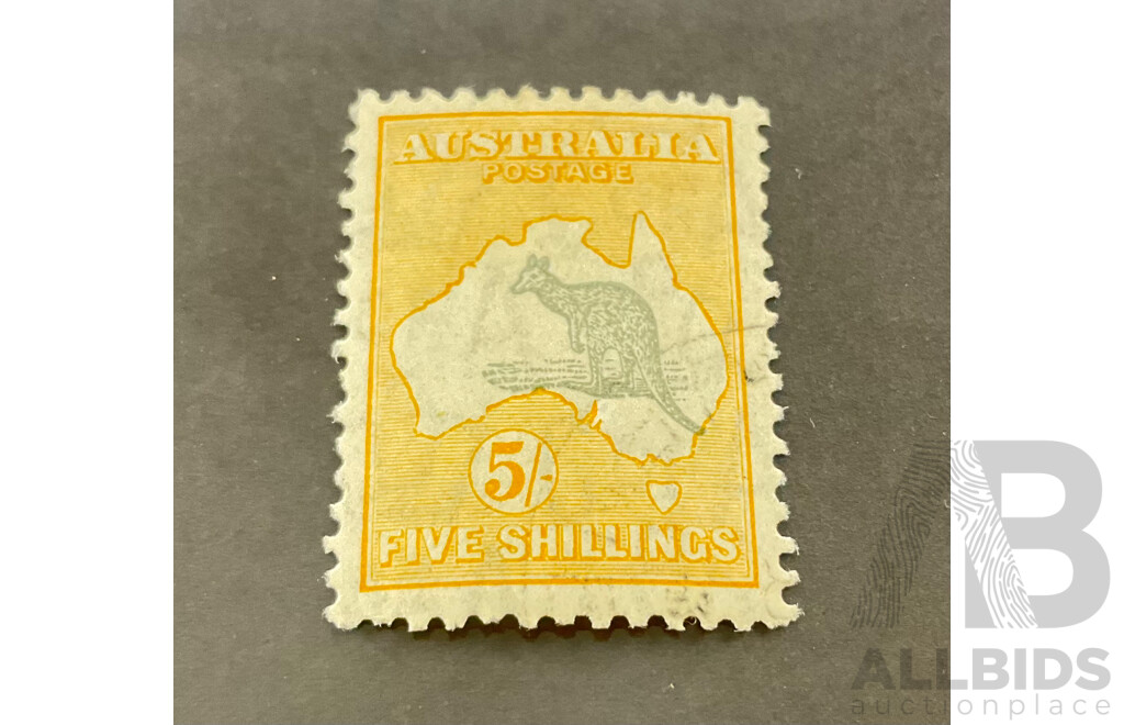 Australian Predecimal Five Shilling Stamp, Kangaroo on Map, Grey and Yellow, C of A Watermark