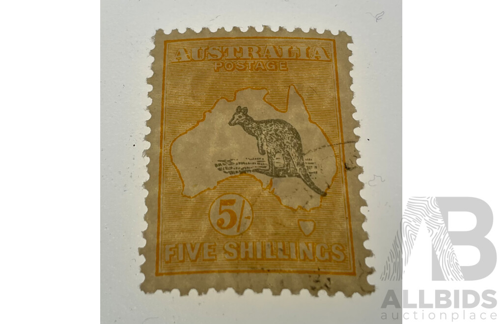 Australian Predecimal Five Shilling Stamp, Kangaroo on Map, Grey and Yellow, C of A Watermark