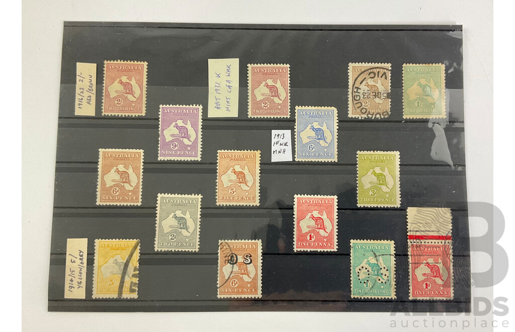 Collection of Australian Predecimal Stamps, Kangaroo on Map, Mints, Official Service, Perfin, C of A Watermarks, One Penny to Five Shillings