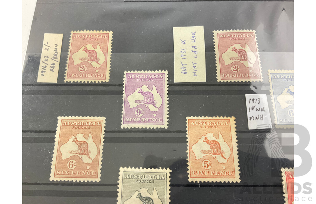 Collection of Australian Predecimal Stamps, Kangaroo on Map, Mints, Official Service, Perfin, C of A Watermarks, One Penny to Five Shillings