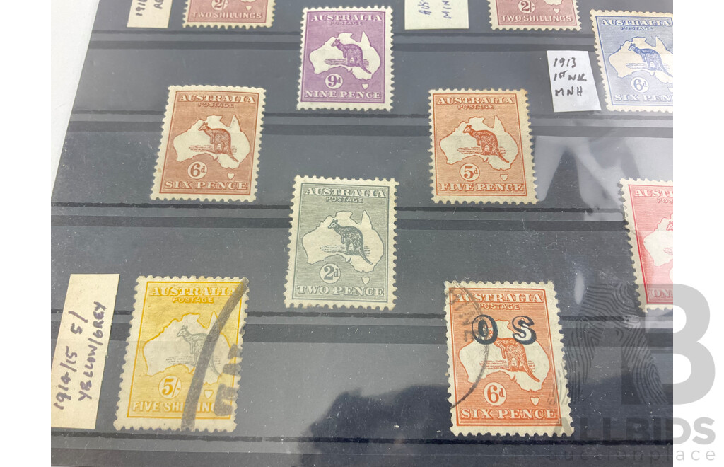 Collection of Australian Predecimal Stamps, Kangaroo on Map, Mints, Official Service, Perfin, C of A Watermarks, One Penny to Five Shillings