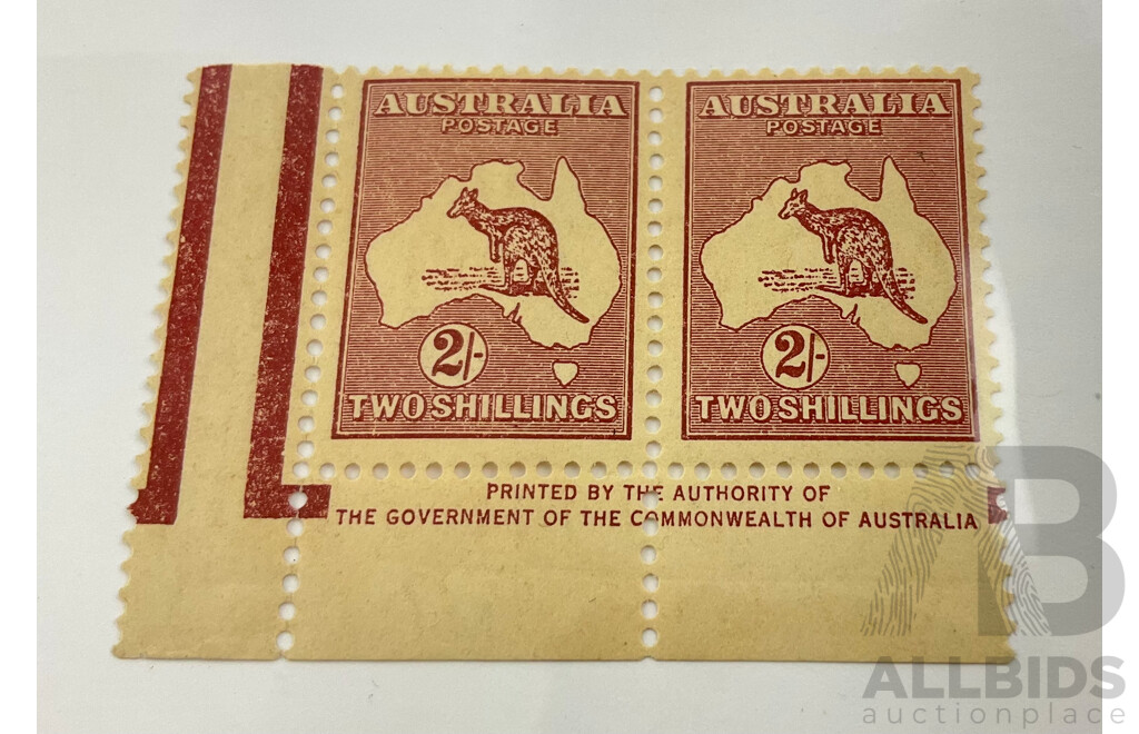 Joined Pair Australian Predecimal Kangaroo on Map Mint Stamps, Two Shillings