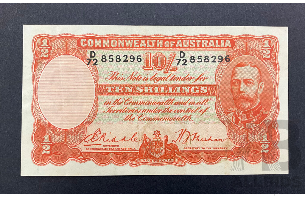 Australian 1936 Ten Shilling Note, Riddle/Sheehan R11, D72 858296, High Grade