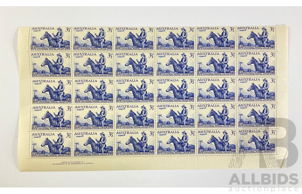 Australian Mint Part Sheet of Three and Half Pence Stamps, 75th Anniversary of Universal Postage Union