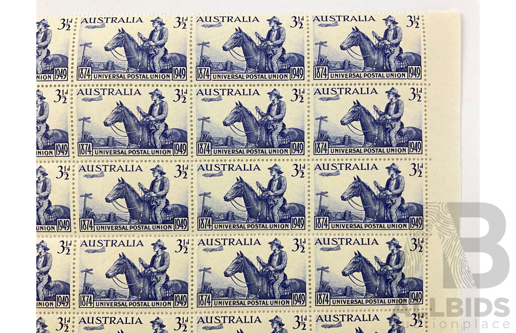 Australian Mint Part Sheet of Three and Half Pence Stamps, 75th Anniversary of Universal Postage Union