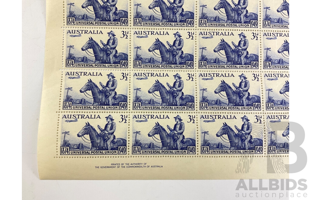 Australian Mint Part Sheet of Three and Half Pence Stamps, 75th Anniversary of Universal Postage Union