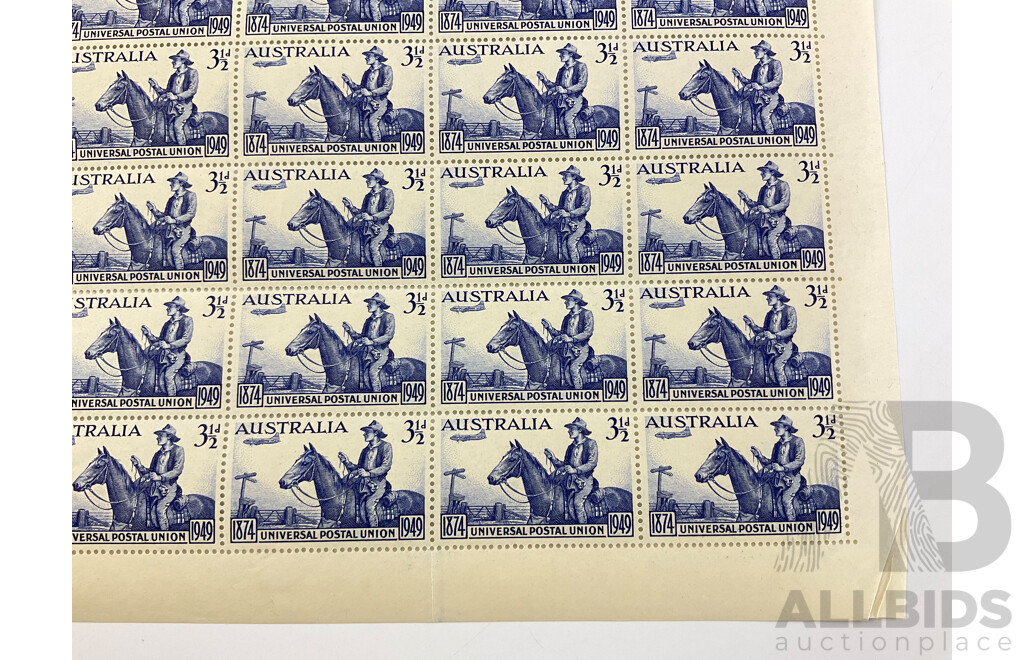 Australian Mint Part Sheet of Three and Half Pence Stamps, 75th Anniversary of Universal Postage Union