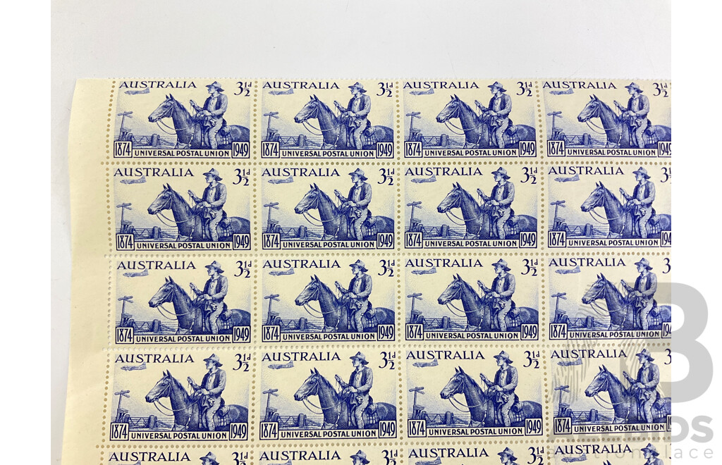 Australian Mint Part Sheet of Three and Half Pence Stamps, 75th Anniversary of Universal Postage Union