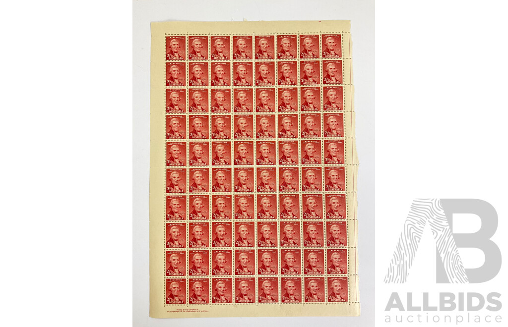 Australian 1947 Mint Sheet of Two and Half Pence Stamps, 150th Anniversary of Newcastle, John Shortland