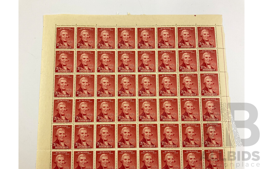 Australian 1947 Mint Sheet of Two and Half Pence Stamps, 150th Anniversary of Newcastle, John Shortland