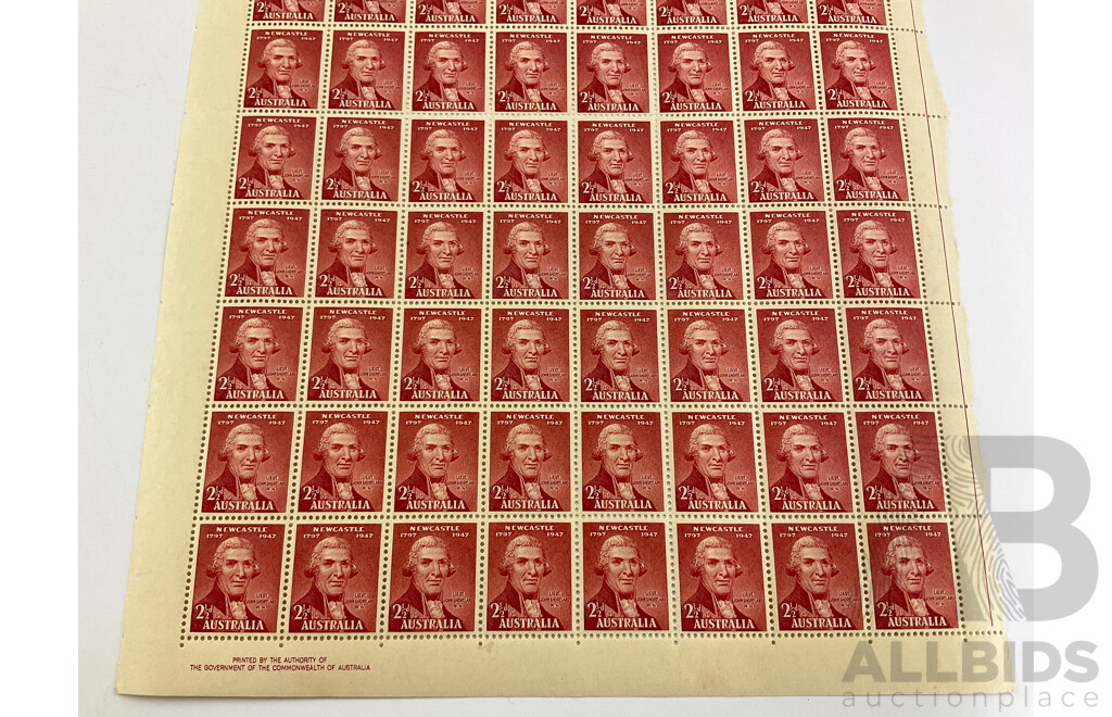 Australian 1947 Mint Sheet of Two and Half Pence Stamps, 150th Anniversary of Newcastle, John Shortland