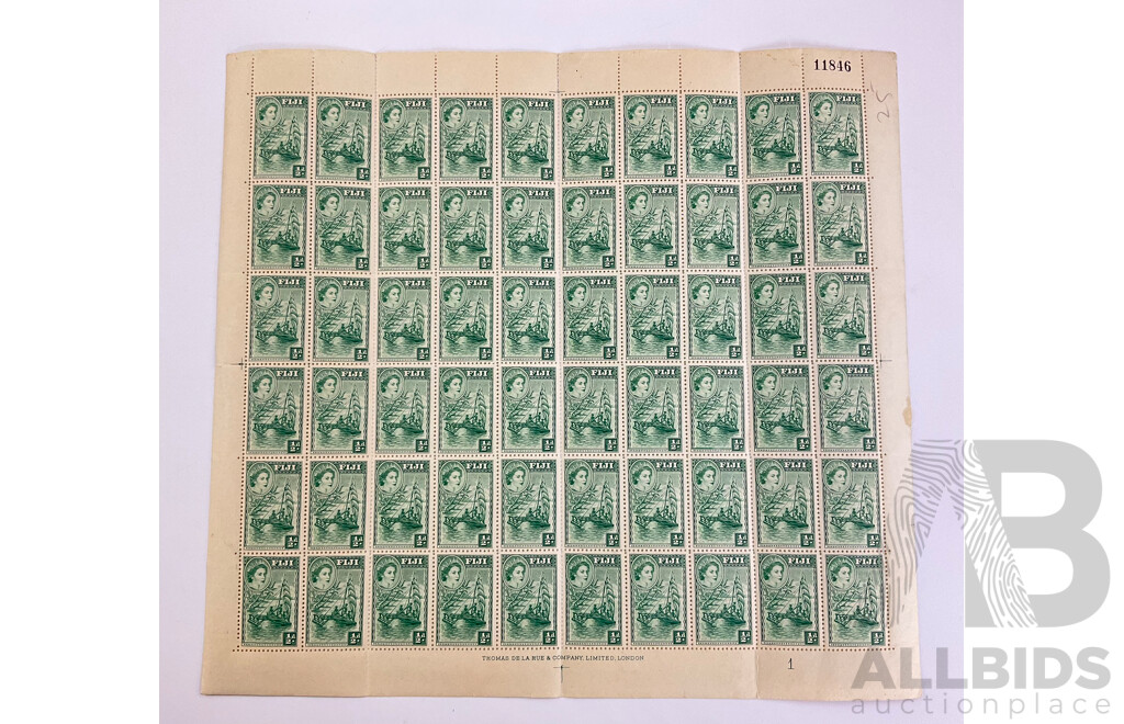 Fiji 1954 Mint Sheet of Half Pence Stamps, QE2/Raft Printed by Thomas De La Rue & Company London