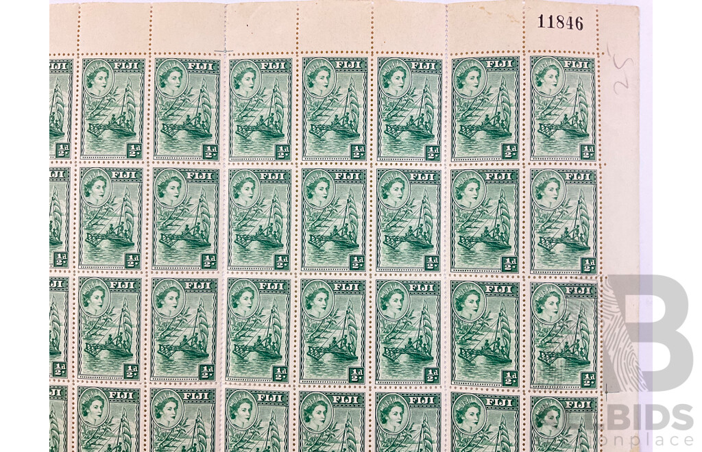 Fiji 1954 Mint Sheet of Half Pence Stamps, QE2/Raft Printed by Thomas De La Rue & Company London