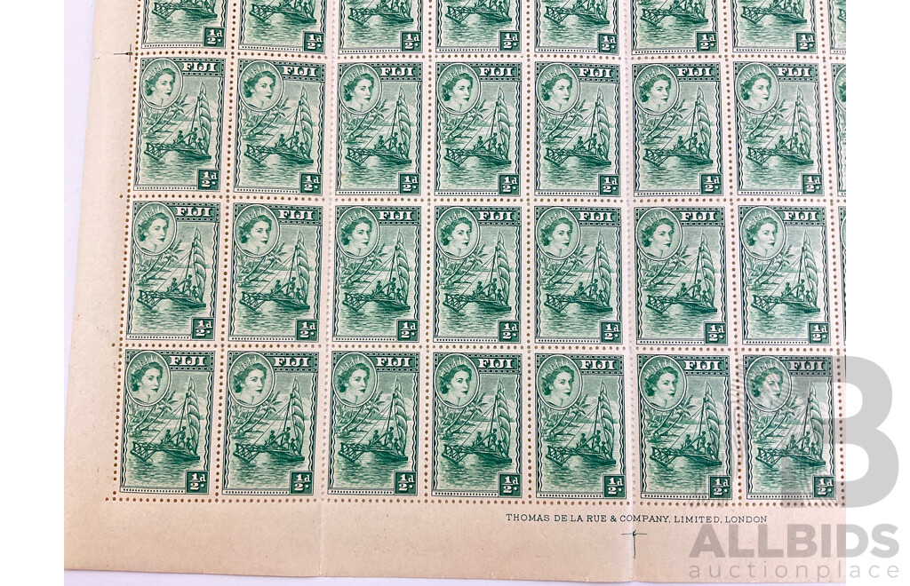 Fiji 1954 Mint Sheet of Half Pence Stamps, QE2/Raft Printed by Thomas De La Rue & Company London