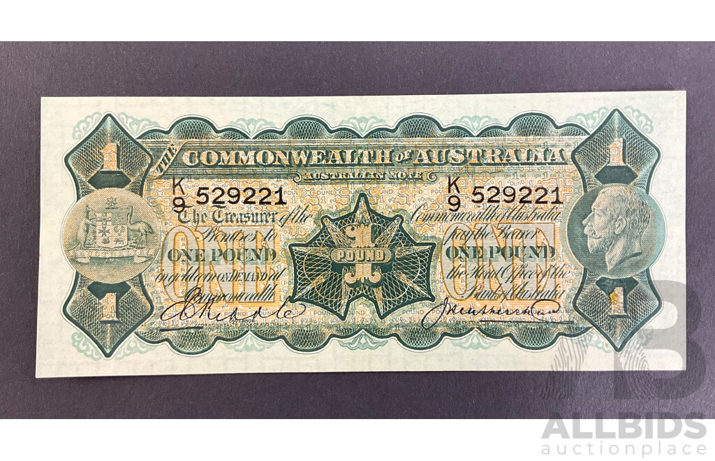 Australian 1927 One Pound Note Riddle/Heathershaw R26, K9 529221, High Grade
