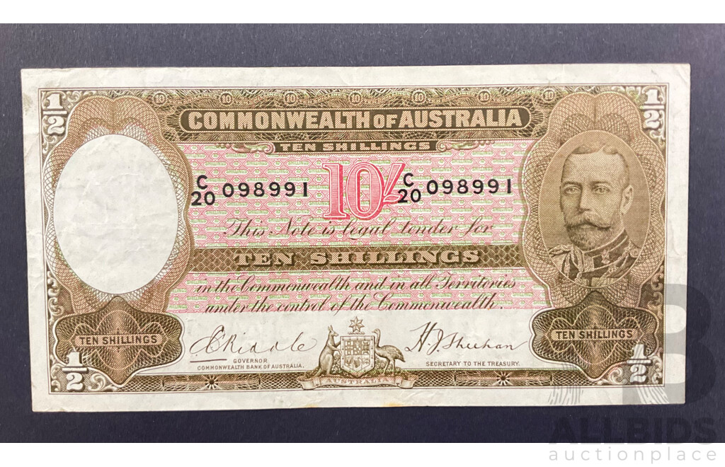 Australian 1933 Ten Shilling Note Riddle/Sheehan, R09L Last Prefix C20 098991