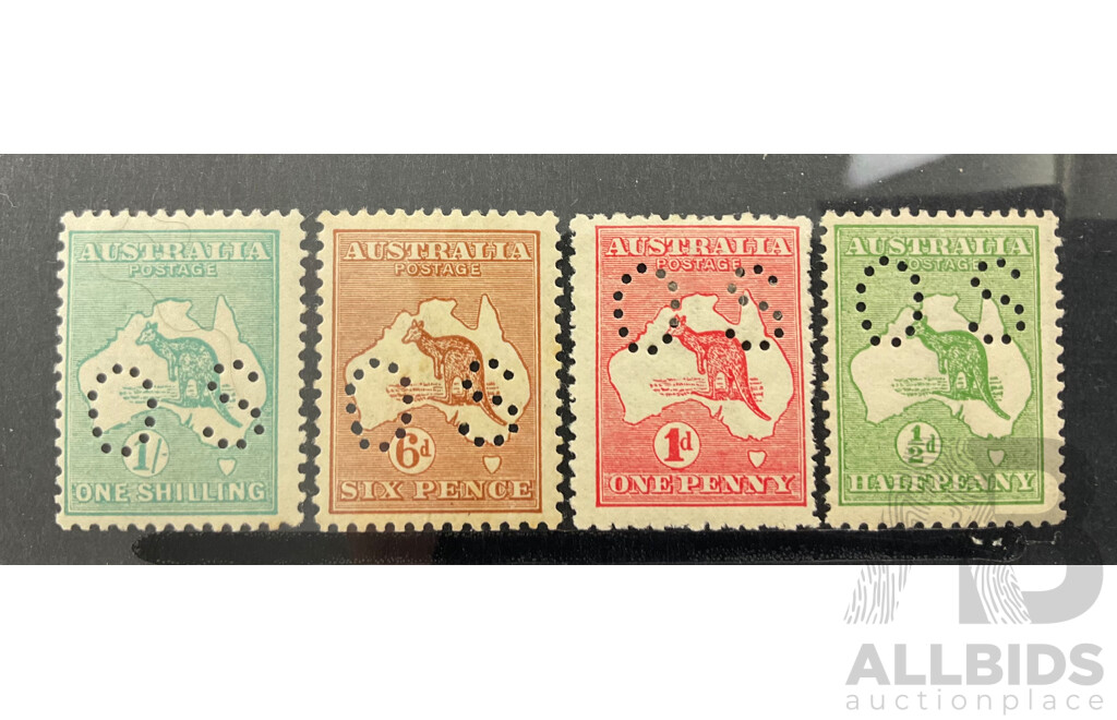 Collection of Australian Kangaroo on Map Stamps, Official Service Perfin, One Penny to One Shilling