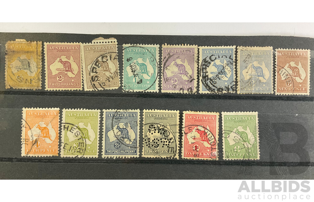 Australian Kangaroo on Map Collection, Perfin, One Pence to Five Shillings