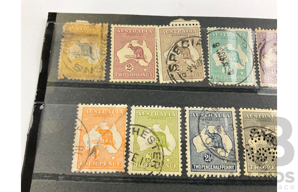 Australian Kangaroo on Map Collection, Perfin, One Pence to Five Shillings