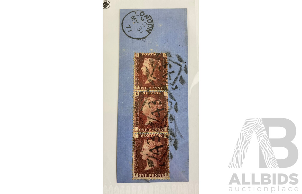 Great Britain 1858-1879 One Penny Red, Strip, Plate 129 ED, EE, EF, London Cancel