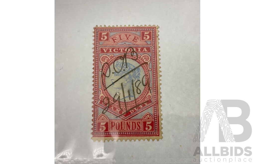 Australian 1886-96 Victoria Five Pound Stamp Duty, Hand Cancel