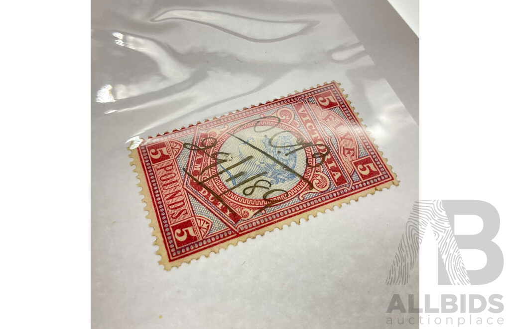 Australian 1886-96 Victoria Five Pound Stamp Duty, Hand Cancel