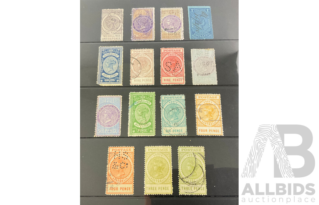 Australian Pre Federation QV State Stamps Including Queensland, South Australia, New South Wales, Victoria, Hand Cancel, Perforated