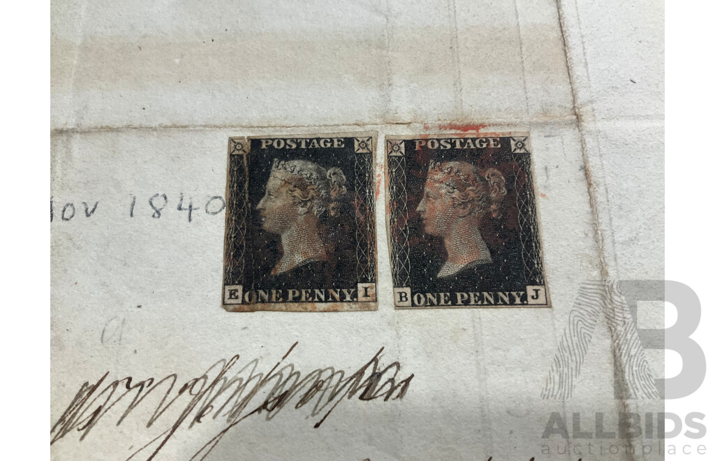 Rare Pair of United Kingdom 1840 QV Imperf Penny Black Stamps, Red Maltese Cross