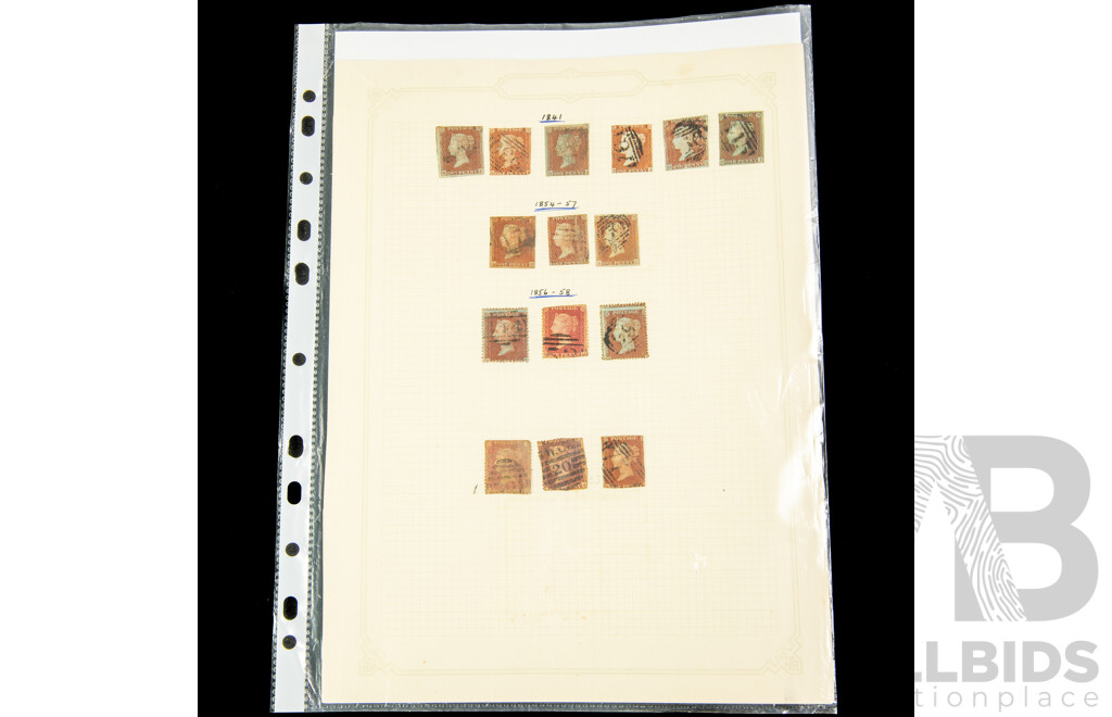 Collection of United Kingdom Penny Red Stamps, Examples Spanning 1841 to 1864