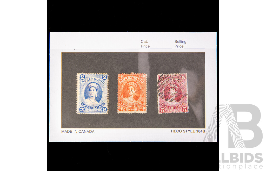 Australian 1882-1907 Queensland QV Stamps, Hand Cancel, One, Two and Five Shilling