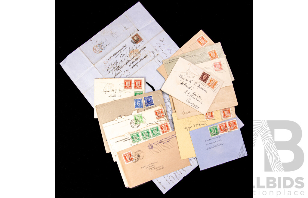 Great Britain 1841 Penny Red Stamp, Imperf - Cover From British Zoned Germany Addressed to Major Ronald G. Davies, 75 Pfennig and KGVI Two and Half Penny Stamps with WW2 Era Covers Addressed to  Major Ronald