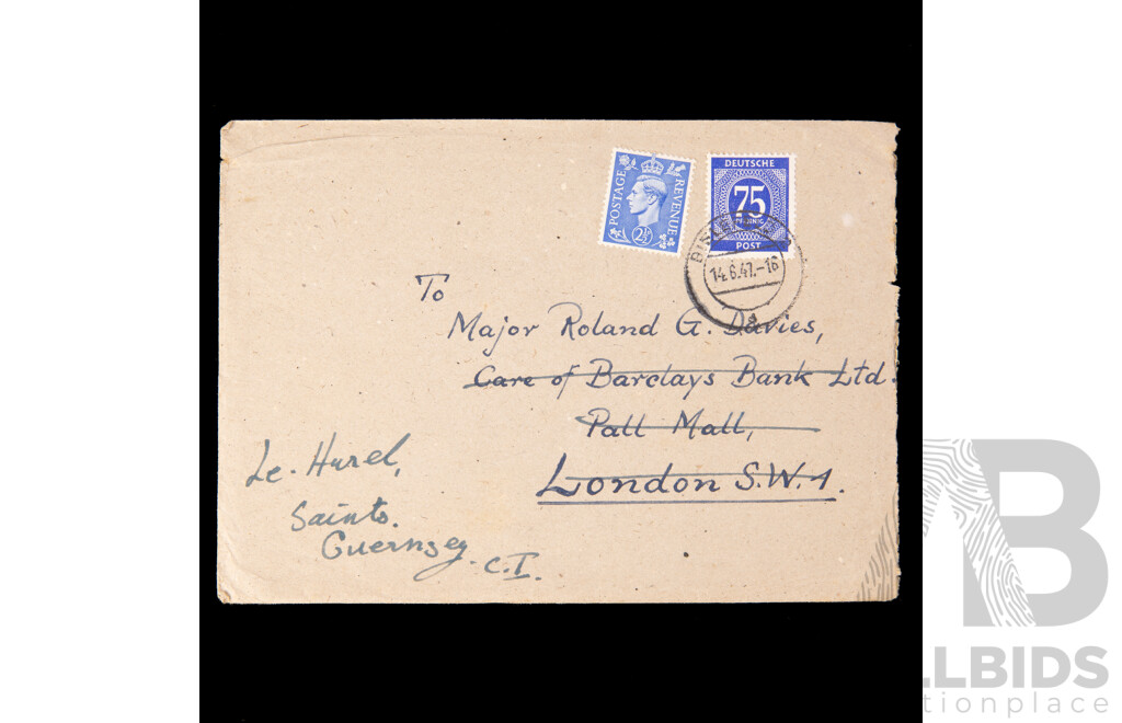 Great Britain 1841 Penny Red Stamp, Imperf - Cover From British Zoned Germany Addressed to Major Ronald G. Davies, 75 Pfennig and KGVI Two and Half Penny Stamps with WW2 Era Covers Addressed to  Major Ronald