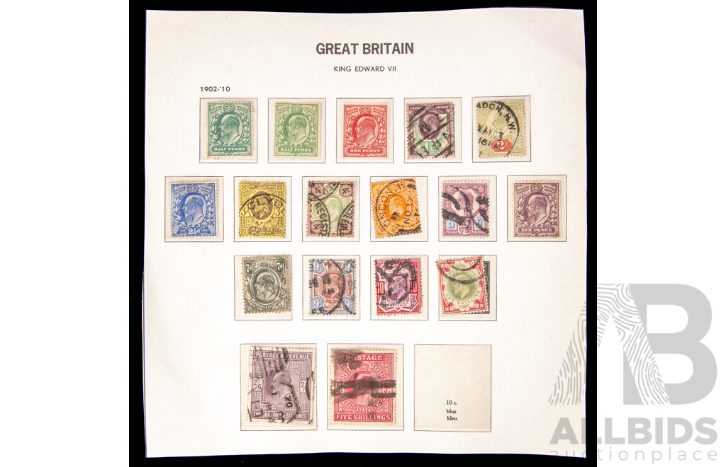 Collection of Great Britain 1902-1910 KEVII Stamps, Mint and Cancelled Half Penny to Five Shillings