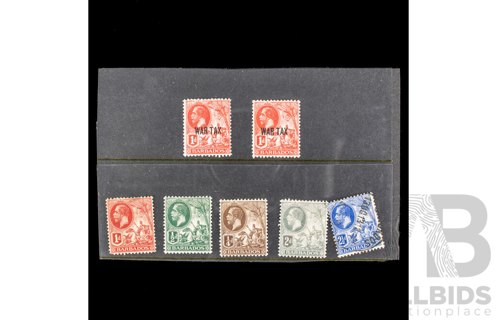Barbados 1912-1916 KGV Stamps, War Tax Over Prints, Mostly Mint/Hinged