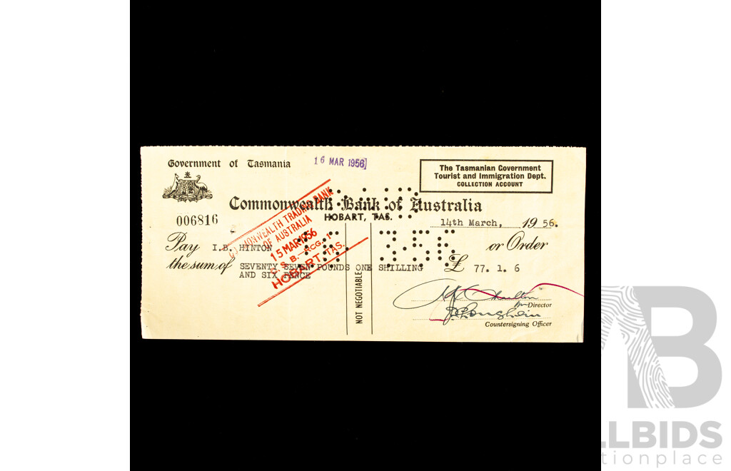 Commonwealth Bank of Australia/Government of Tasmania Bank Cheques, 1950's -1960's with Tasmanian/Victorian Stamp Duty Stamps