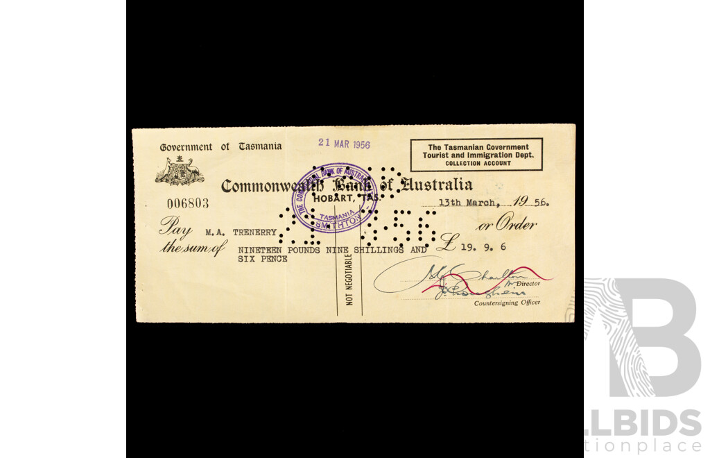 Commonwealth Bank of Australia/Government of Tasmania Bank Cheques, 1950's -1960's with Tasmanian/Victorian Stamp Duty Stamps