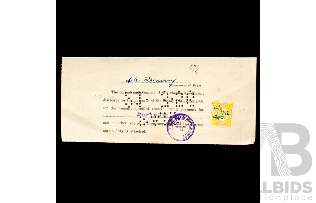 Commonwealth Bank of Australia/Government of Tasmania Bank Cheques, 1950's -1960's with Tasmanian/Victorian Stamp Duty Stamps