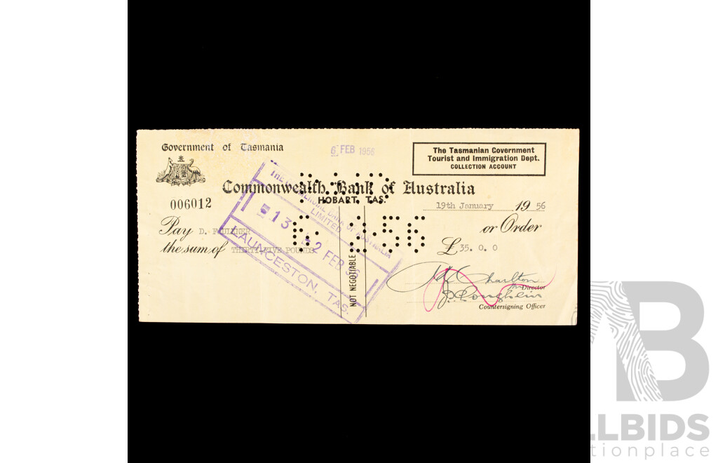 Commonwealth Bank of Australia/Government of Tasmania Bank Cheques, 1950's -1960's with Tasmanian/Victorian Stamp Duty Stamps