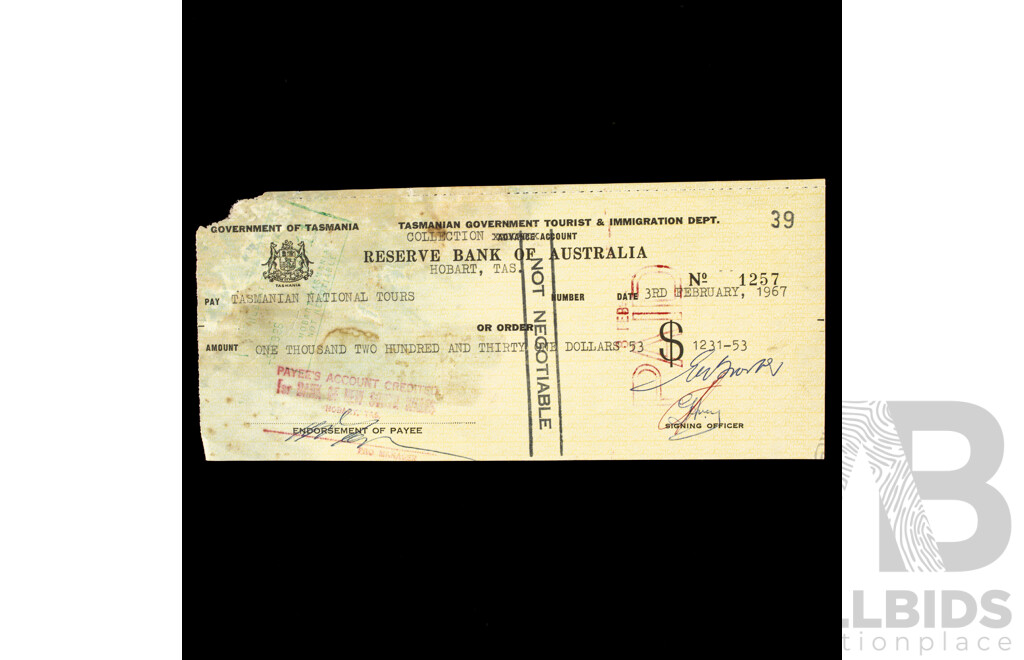 Commonwealth Bank of Australia/Government of Tasmania Bank Cheques, 1950's -1960's with Tasmanian/Victorian Stamp Duty Stamps